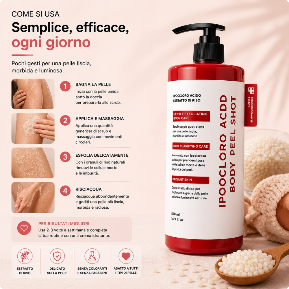 Glowira Body Peel Shot – Scrub Corpo al Riso con Acido Ipocloroso