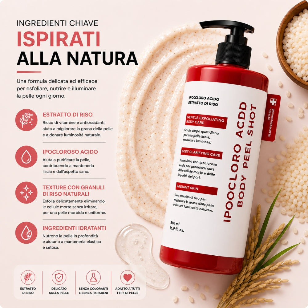 Glowira Body Peel Shot – Scrub Corpo al Riso con Acido Ipocloroso