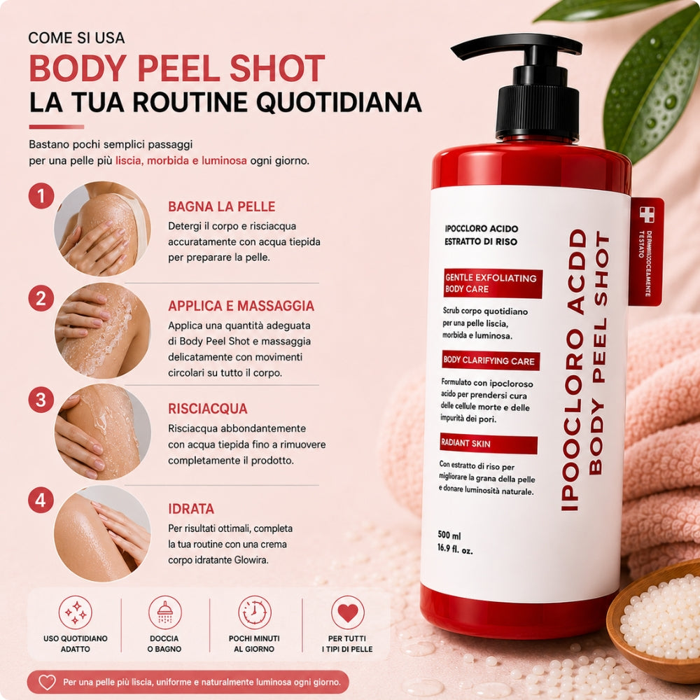 Glowira Body Peel Shot – Scrub Corpo al Riso con Acido Ipocloroso