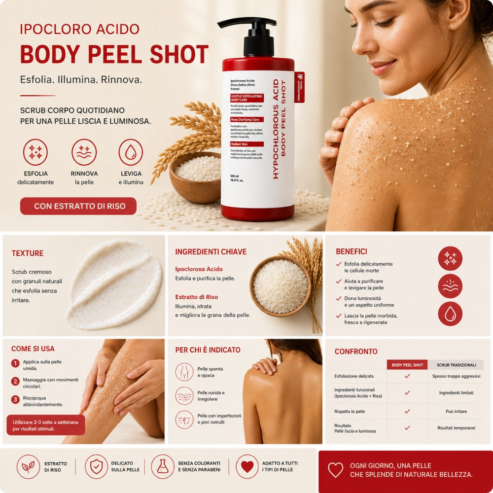 Glowira Body Peel Shot – Scrub Corpo al Riso con Acido Ipocloroso