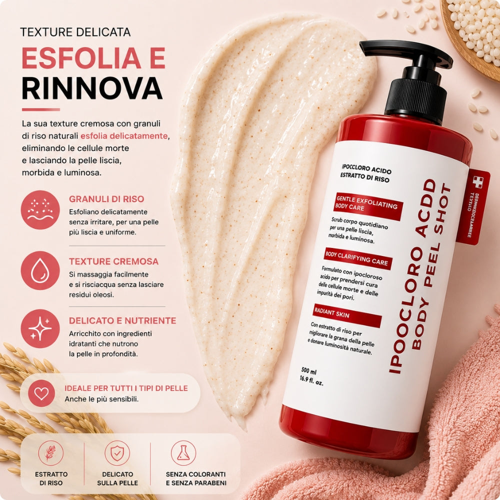 Glowira Body Peel Shot – Scrub Corpo al Riso con Acido Ipocloroso